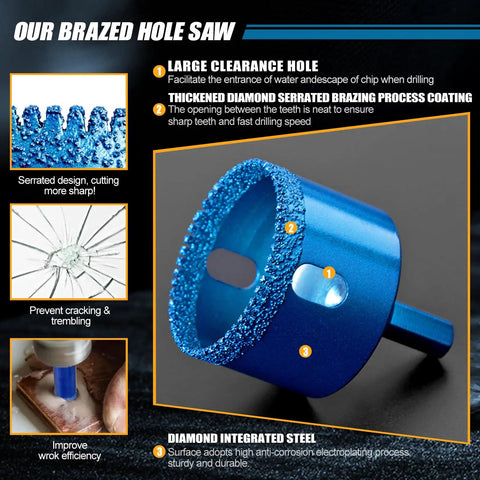 Close-up of brazed hole saw in Pro-Grade Diamond Tile Drill Bits Kit With 10-Piece Heavy-Duty Serrated Core Hole Saw Set And EVA Guide Jig.