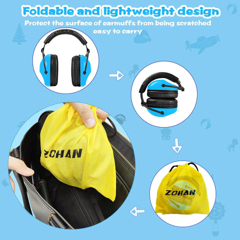 Kid Friendly Noise Canceling Headphones For Autism Ear Protection folded and stored in yellow bag, blue color