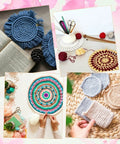 Six Piece Punch Needle Coaster Kit Set for Beginners and Adults, DIY Embroidery Craft with Patterns, yarns, hoop, and monk's cloth.