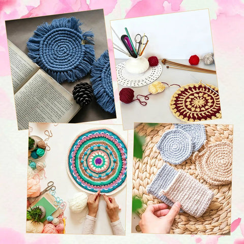 Six Piece Punch Needle Coaster Kit Set for Beginners and Adults, DIY Embroidery Craft with Patterns, yarns, hoop, and monk's cloth.