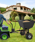 Beefy Built Tow Behind Broadcast Spreader for Lawn and Garden with 130 lb capacity attached to a lawn tractor on grass