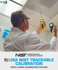 Technician using NIST Traceable 4 Gas Monitor With O2, CO, H2S And LEL, USB Recharge, for testing in industrial setting.