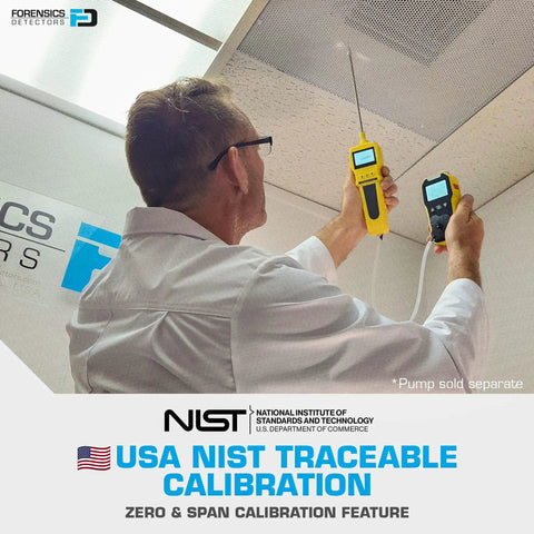 Technician using NIST Traceable 4 Gas Monitor With O2, CO, H2S And LEL, USB Recharge, for testing in industrial setting.