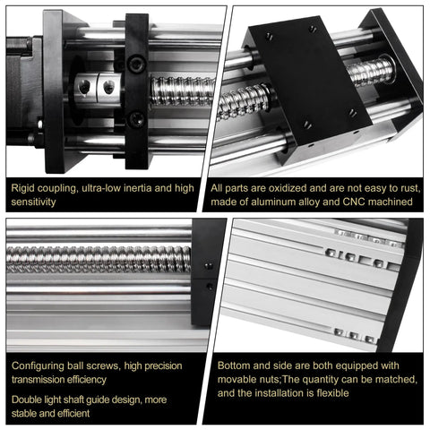 CNC Linear Stage Actuator With Double Optical Axis Slide Rail And 1204 Ball Screw, robust aluminum build with ball screw detail.