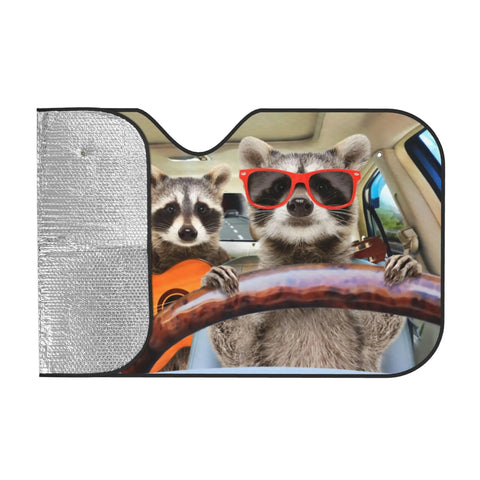 Three Funny Raccoons Windshield Sun Shade For Car SUV Truck 51x27.5 Inches with raccoons wearing sunglasses and playing guitar