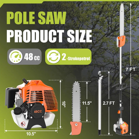 Gas Powered Pole Saw With 48cc 2 Stroke Engine, 11.5 Inch Cutting Bar, 16 Foot Reach For Tree Trimming And Pruning diagram