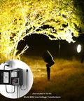 4 Pack Low Voltage Flood Lights For Landscape Lighting With Stake Connectors illuminating a tree, 20W 145 Lumens Outdoor Flood Light Kit.