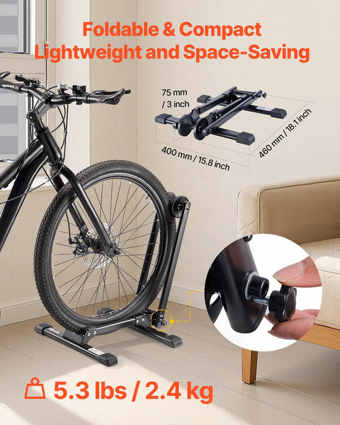 Two Pack Bike Floor Stands For 20 To 27 Inch Mountain And Road Bikes Rust Resistant Alloy Steel Folding Bike Storage Rack in use