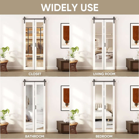 Bi Fold Barn Door With Mirror Panels And Track Kit For Closet 36 By 84 Inches Shatterproof MDF Mirror Doors in various rooms