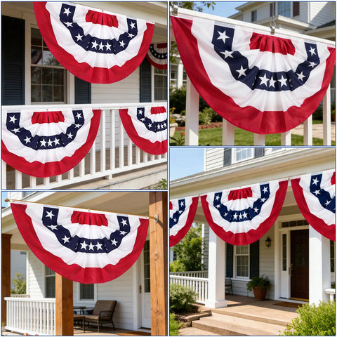 3 Pack 2.5 By 5 Ft Pleated Fan Flags Set For Outdoors And Indoors displayed on house porch, red white blue half fan bunting