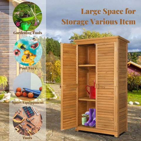 63 Inch Tall Wooden Outdoor Storage Cabinet With Two Lockable Doors Three Adjustable Shelves Waterproof Garden Shed