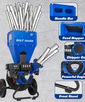 Gas Powered Wood Chipper Shredder Beast 7.5 HP 224cc with labeled features like handle bar, feed hopper, and powerful engine.