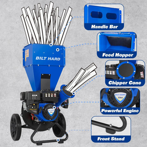 Gas Powered Wood Chipper Shredder Beast 7.5 HP 224cc with labeled features like handle bar, feed hopper, and powerful engine.