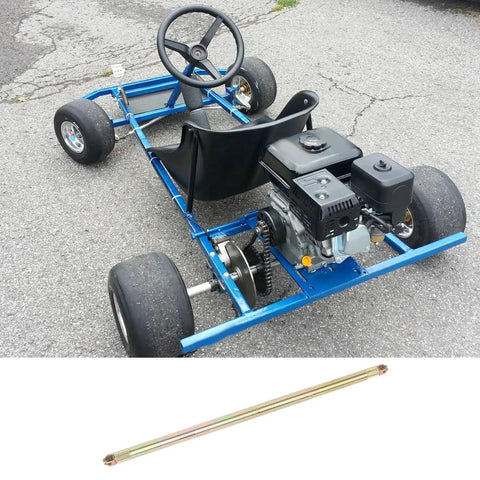 26 Inch 23T Rear Live Axle For Drift Trikes And Go Karts Heavy Duty Steel Alloy Axle For Off Road ATVs And Drift Tricycle Mods Durable 650mm Long Axis shown separately and installed in a blue go-kart on asphalt.