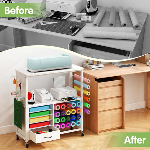 Cricut Compatible Craft Storage Cart With Vinyl Roll Holder And Drawers, All In One Mobile Workstation For Crafting Tools And Accessories