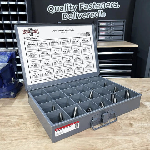 Plain Finish Hardened Alloy Dowel Pins Assortment, 293 Pieces, High Precision Metal Pins For Alignment, Machining, And Repairs in open box