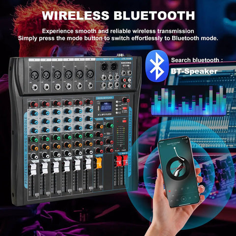 6 Channel USB Audio Mixer For Streaming And DJ Sets With Built In 16 DSP Effects, 48V Phantom Power, USB Audio Interface