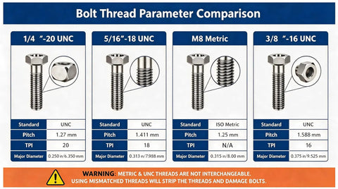 Bolt Thread Parameter Comparison chart showing 1/4, 5/16, M8 Metric and 3/8 inch standards with specifications.