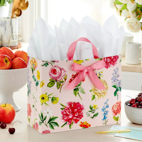 Large 13 Inch Wide Gift Bag With Tissue Paper Vintage Floral Pink Bow Ideal For Mothers Day Valentines Day Easter Bridal Showers Graduations And New Moms Great For Books Small Electronics Clothes And Gift Sets Perfect For Gifting on table with fruits