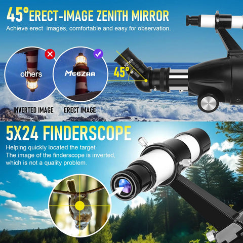 Diagram showing 45° erect-image zenith mirror and 5x24 finderscope on Awesome High Powered 90mm Aperture Refractor Telescope for Adults