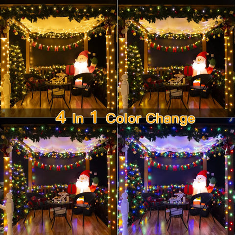 Ultra Long 262 Foot 800 LED IP67 Waterproof Outdoor Christmas Lights With Remote 11 Modes Dimmable Timer Warm White To Multicolor Changeable String Lights decorating a porch with Santa Claus figure
