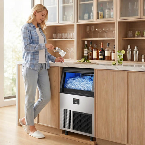 Woman using Beast High Capacity Commercial Ice Maker For Home Bar And Cafe 200 Lbs Per Day With 55 Lb Storage Stainless Steel