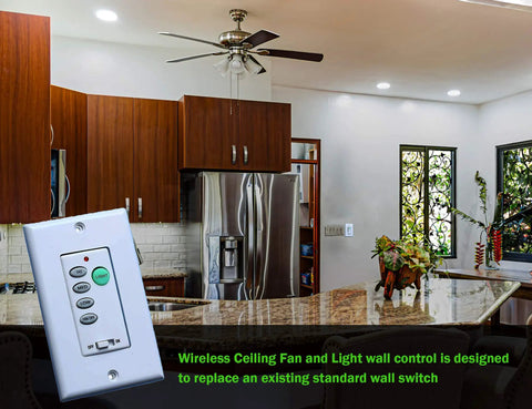 Remote Ceiling Fan And Light Wall Control Kit With Adjustable Fan Speed And Light Dimmer Easy Install in kitchen setting.