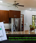 Modern kitchen with ceiling fan and light, showing wall control kit pack of 2 with remote, adjustable speed and dimmer.