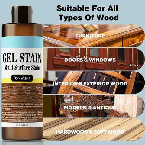 Top Shelf Gel Wood Stain For Furniture And Outdoor Projects Fast Drying Natural Matte Finish on various wood types.