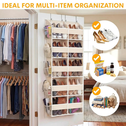 Over The Door Organizer Five Tiers With Ten Compartments Delivers Extra Large Behind Door Storage And A Sturdy 80 Lbs Weight Capacity Super Handy For Closet Dorms Nursery Or Pantry Door Hanging Organizer Beige filled with shoes and accessories hanging on a closet door.