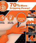 Tough As Nails Industrial Orange Nitrile Work Gloves With Solid Eight Mil Thickness And Raised Diamond Texture For Heavy Duty Jobs Chemical Resistant Latex Powder Free Secure Large Hands Fit Comfort One Hundred Count Pack, demonstrating diamond textured grip.