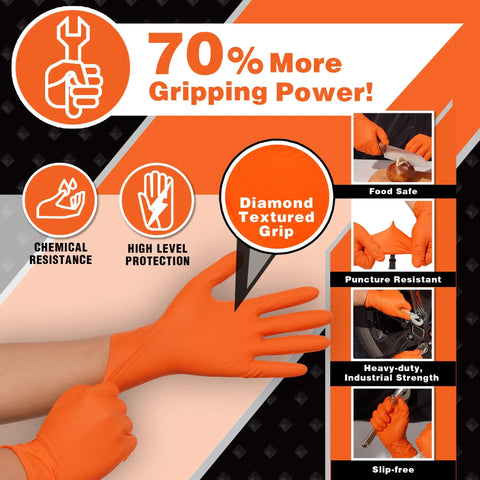 Tough As Nails Industrial Orange Nitrile Work Gloves With Solid Eight Mil Thickness And Raised Diamond Texture For Heavy Duty Jobs Chemical Resistant Latex Powder Free Secure Large Hands Fit Comfort One Hundred Count Pack, demonstrating diamond textured grip.