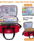 Your Go To 3 Tier Medicine Organizer With Combination Lock For Pills And First Aid Supplies Big Capacity Pill Bottle Storage Travel Prescription Bag showing open top two layers with clear side panels