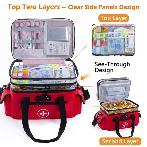Your Go To 3 Tier Medicine Organizer With Combination Lock For Pills And First Aid Supplies Big Capacity Pill Bottle Storage Travel Prescription Bag showing open top two layers with clear side panels