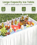 Portable Folding Ice Cooler Table With Drain And Satin Skirt Matching Foldable Bucket Bev Station For Parties Picnics And Camping Four Foot Party Ready Ice Table filled with drinks and fruits