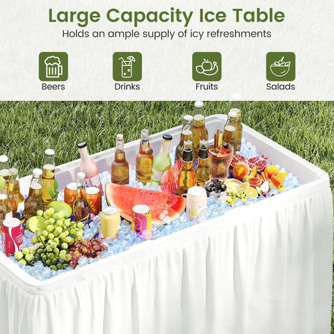 Portable Folding Ice Cooler Table With Drain And Satin Skirt Matching Foldable Bucket Bev Station For Parties Picnics And Camping Four Foot Party Ready Ice Table filled with drinks and fruits