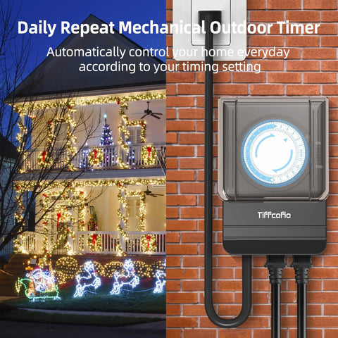 Built Different Heavy Duty Mechanical Timer Outlet Featuring Easy Pin Sliders And Full Weather Protection To Manage Pool Pumps Garden Lights And Outdoor Appliances Without Breaking A Sweat On Your Projects, shown on brick wall with power cord.