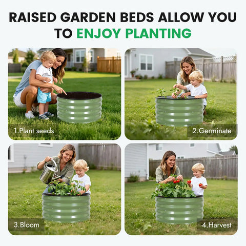 People using Three Round Galvanized Raised Garden Beds Kit 2 Foot Diameter By 1 Foot Deep Outdoor Planter Boxes in garden stages