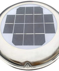 Solar Powered Vent And Fan With Back Up Battery For Boats, RVs And Sheds, round metal casing with solar panel visible