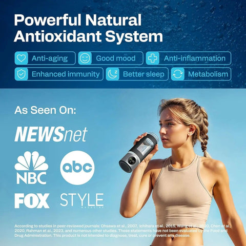 Woman using Hydrogen Water Bottle With 6000 PPB Concentration Portable 16.2 Oz Generator And SPE PEM Ionizer for skin hydration.