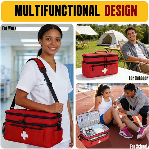 Collage showing the Two Layer First Aid Bag For Outdoor Travel And Home Use Must Have Portable Medical Kit Organizer.