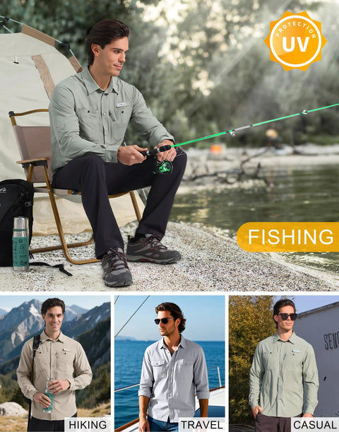 Man wearing Men's Long Sleeve Sun Protection Shirt Built For Fishing Trips And Outdoor Adventures With UPF 50 Plus Quick Dry Mesh Fabric Button Down SPF Shirt For Hiking Camping Safari Gray Green