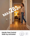 Wireless Motion Sensor Outlet With Detachable Sensor And Plug, 15A 1500W, wall-mounted sensor in hallway, max 262 ft range.