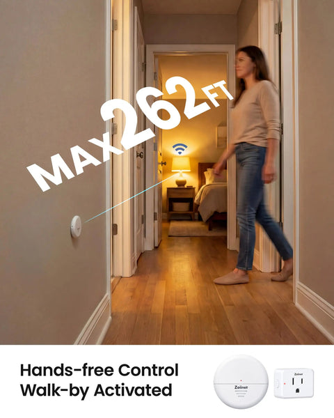 Wireless Motion Sensor Outlet With Detachable Sensor And Plug, 15A 1500W, wall-mounted sensor in hallway, max 262 ft range.