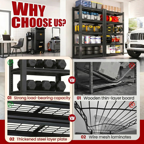 72 Inch Heavy Duty Garage Shelving Unit With Five Adjustable Tiers And 400 Lb Per Shelf Capacity, black steel rack in garage with tools and bins