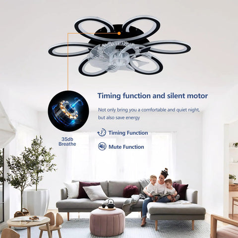 5 Pc Ceiling Fan with Lights Remote Control 25 inch Black 6 Speeds 3 Light with silent motor in modern living room setting.