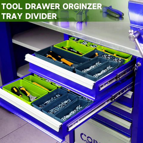 Heavy Duty Multi Size Tool Box Organizer Trays, Complete 60 Piece Drawer Sorter Kit, Blue And Green Plastic Bins, Solid Garage Workshop Storage To Keep Your Toolbox Looking Top Shelf