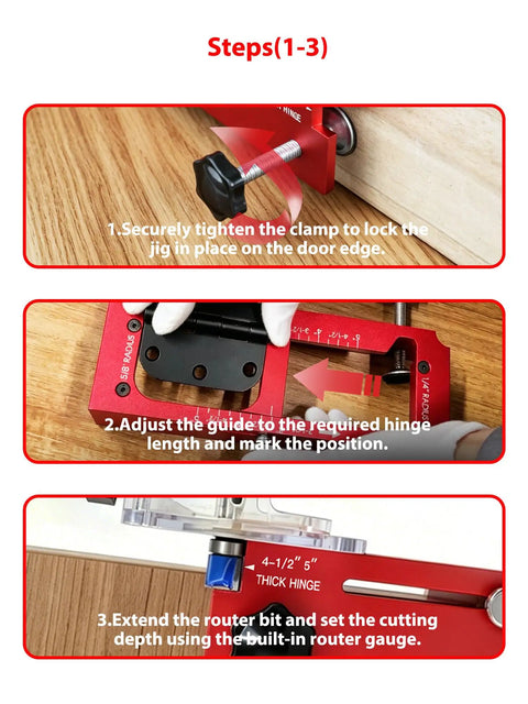 2-in-1 Door Hinge Jig and Lock Hole Drilling Kit, Adjustable Aluminum Router Template demonstrating adjustment steps.