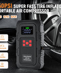 150PSI tire inflator of 6000A Jump Starter With Air Compressor For Cars And Trucks, featuring LCD display and car tire in background