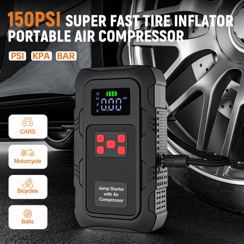 150PSI tire inflator of 6000A Jump Starter With Air Compressor For Cars And Trucks, featuring LCD display and car tire in background